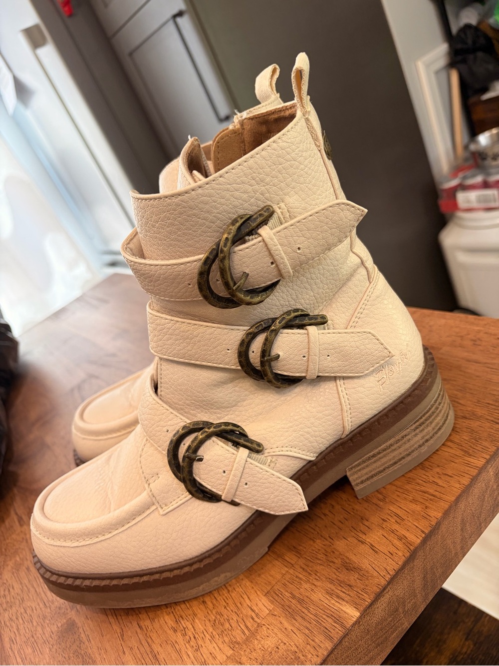 Blowfish Cream Leather Buckle Ankle Boots
